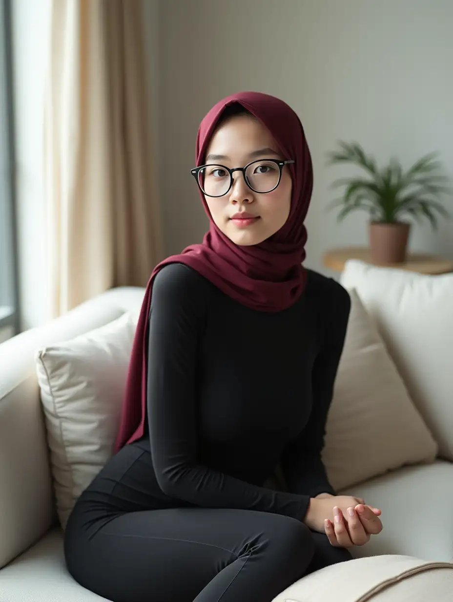 Serene-20YearOld-Asian-Woman-in-Maroon-Hijab-and-Black-Swimsuit-Reflecting-in-Minimalist-Living-Room