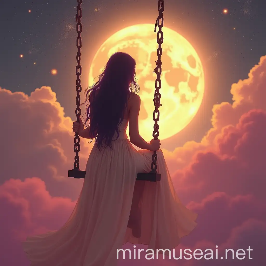 Fantasy Illustration Woman on Swing Surrounded by Pink Dust