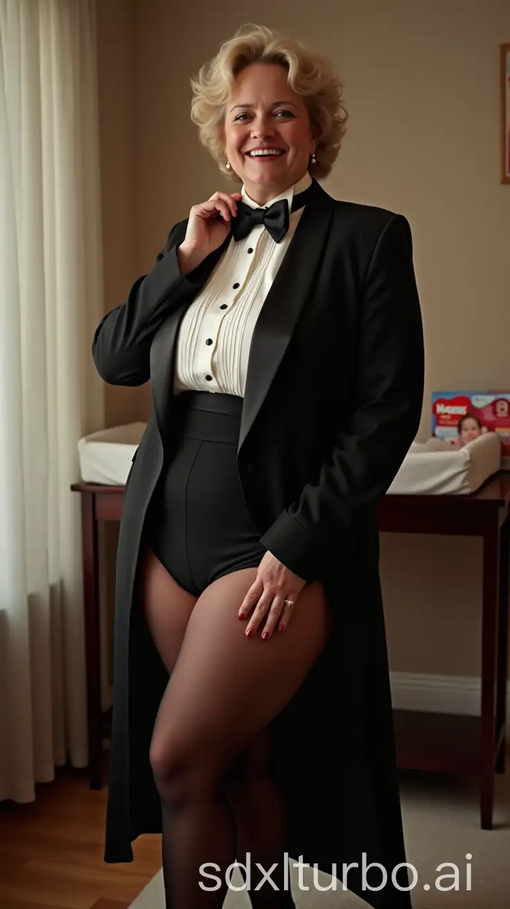 Caucasian-Woman-in-Formal-Orchestra-Tuxedo-Next-to-Nursery-Changing-Table-with-Huggies-Diapers