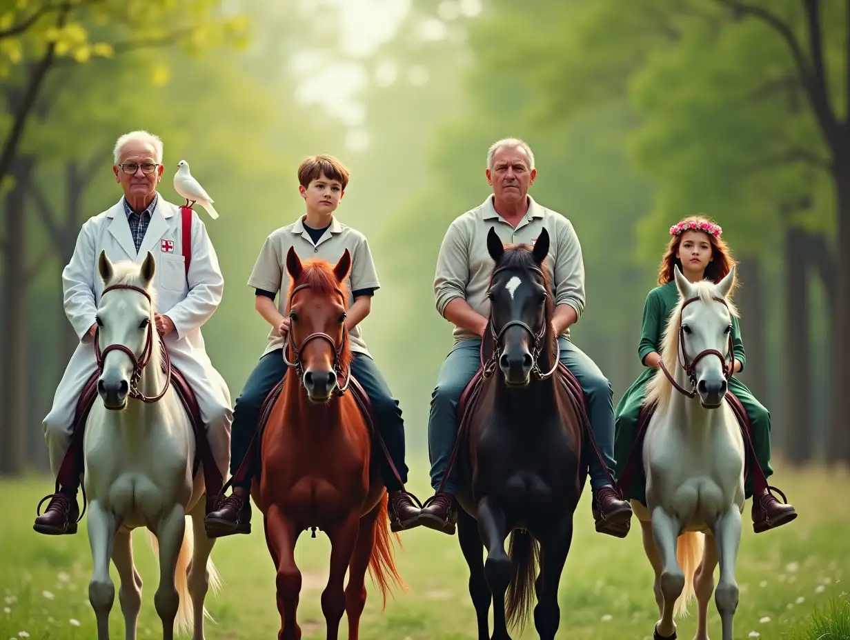 Background - green spring forest. Four riders from left to right. The first rider, an elderly man with glasses on a white horse in a white medical coat with a medical bag on a strap with a red cross. The second rider, a young intelligent-looking boy on a red horse, a white dove sits on the shoulder of the young man. The third rider on a black horse, a stout man of middle age. The fourth rider, a young pretty girl in a green dress and a wreath of roses on a pale horse. Photorealism.