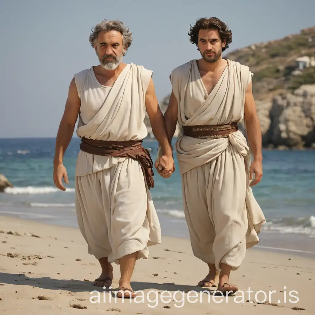 50YearOld-Greek-Man-and-Young-Man-in-Ancient-Greek-Clothing-Walking-on-the-Beach