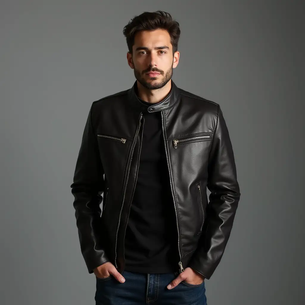 Man-in-HighQuality-Leather-Jacket-Against-Grey-Background