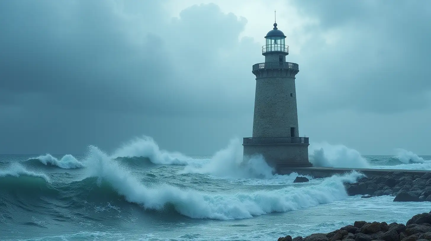 A storm-tossed sea with a resilient stone built lighthouse standing firm.