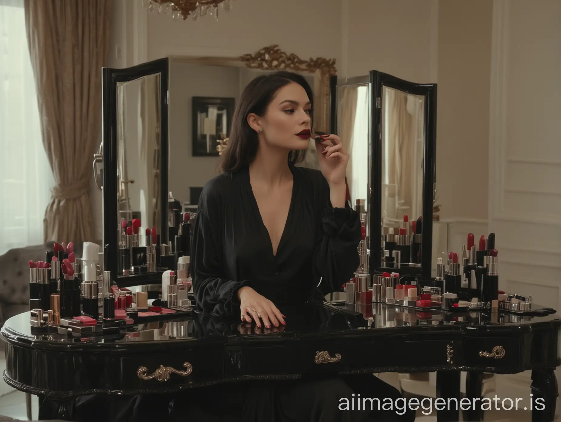 Opening Scene: Inside a luxurious, elegantly decorated home. A woman dressed in fashionable black clothes is sitting at a vanity table. The camera slowly zooms in from her backside, capturing the luxurious surroundings and the array of lipsticks on the table.