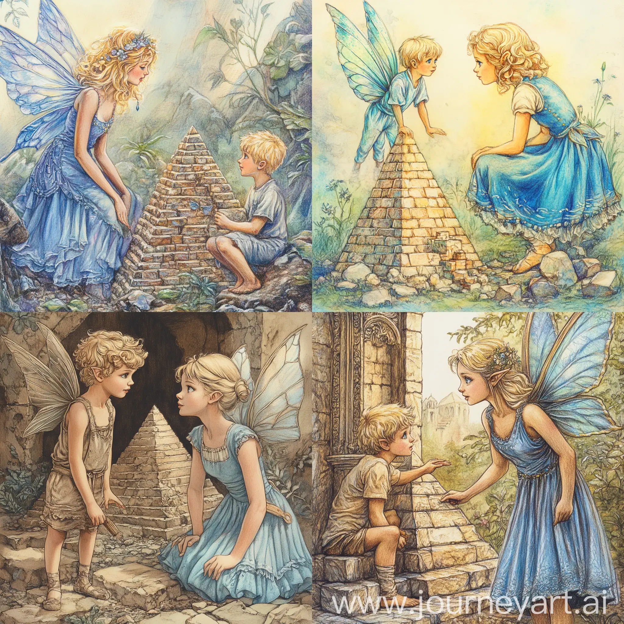 Blond-Fairy-Talking-to-Boy-Building-Pyramid-in-Blue-Dress