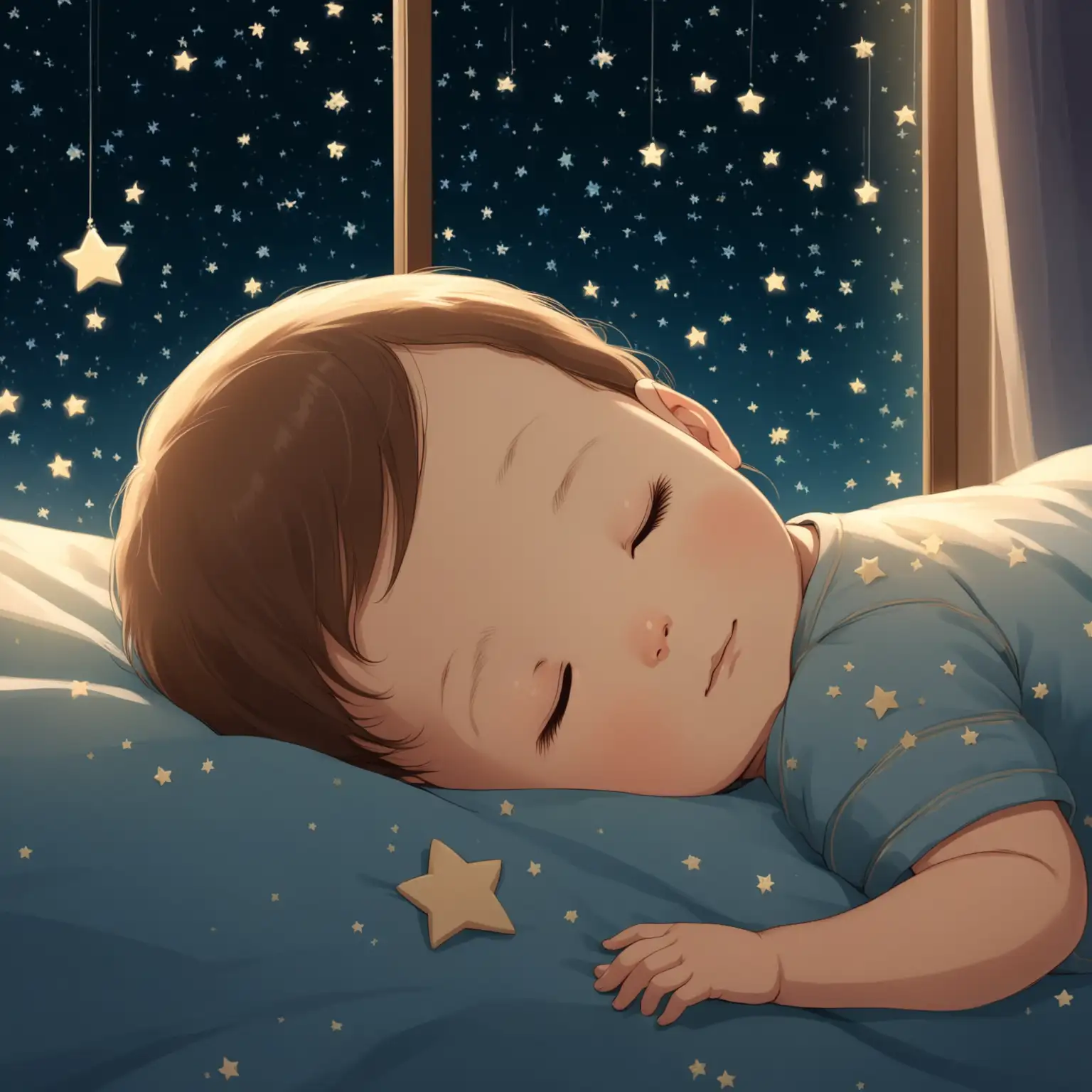 Baby is lying on a comfortable bed, with a faint smile on her face, sleeping very peacefully, and can see the stars through the window outside.