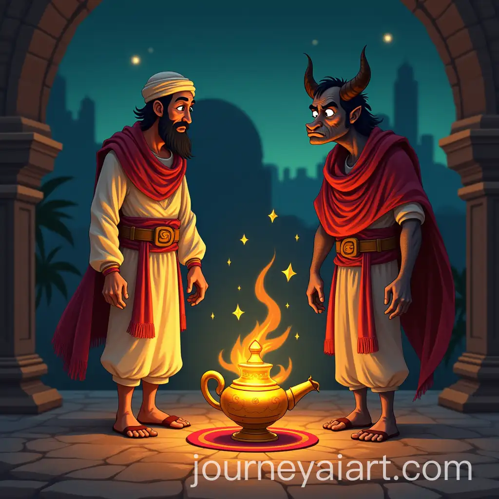 Ali-Baba-Confronting-the-Demon-Emerging-from-the-Magic-Lamp