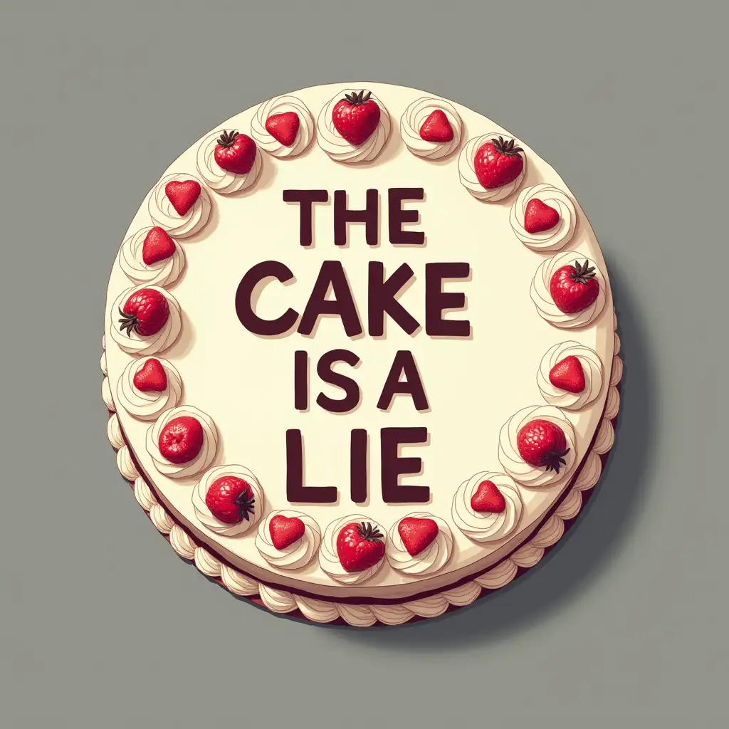 A topdown graphic design of an obviously fake cake with the text 'THE CAKE IS A LIE'