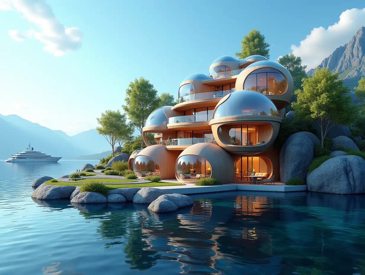 A futuristic multi-story house made of many holen lit up glass balls and wood lies on the water,many plants and trees, blue sky, bright surroundings, mountains and a yacht in the background, colorful 8k quality