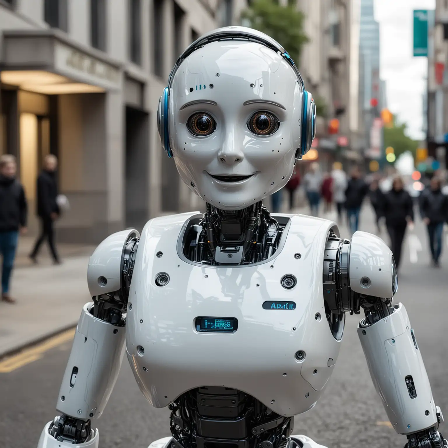 AI Robot Smiling at Camera on the Way to the Bank