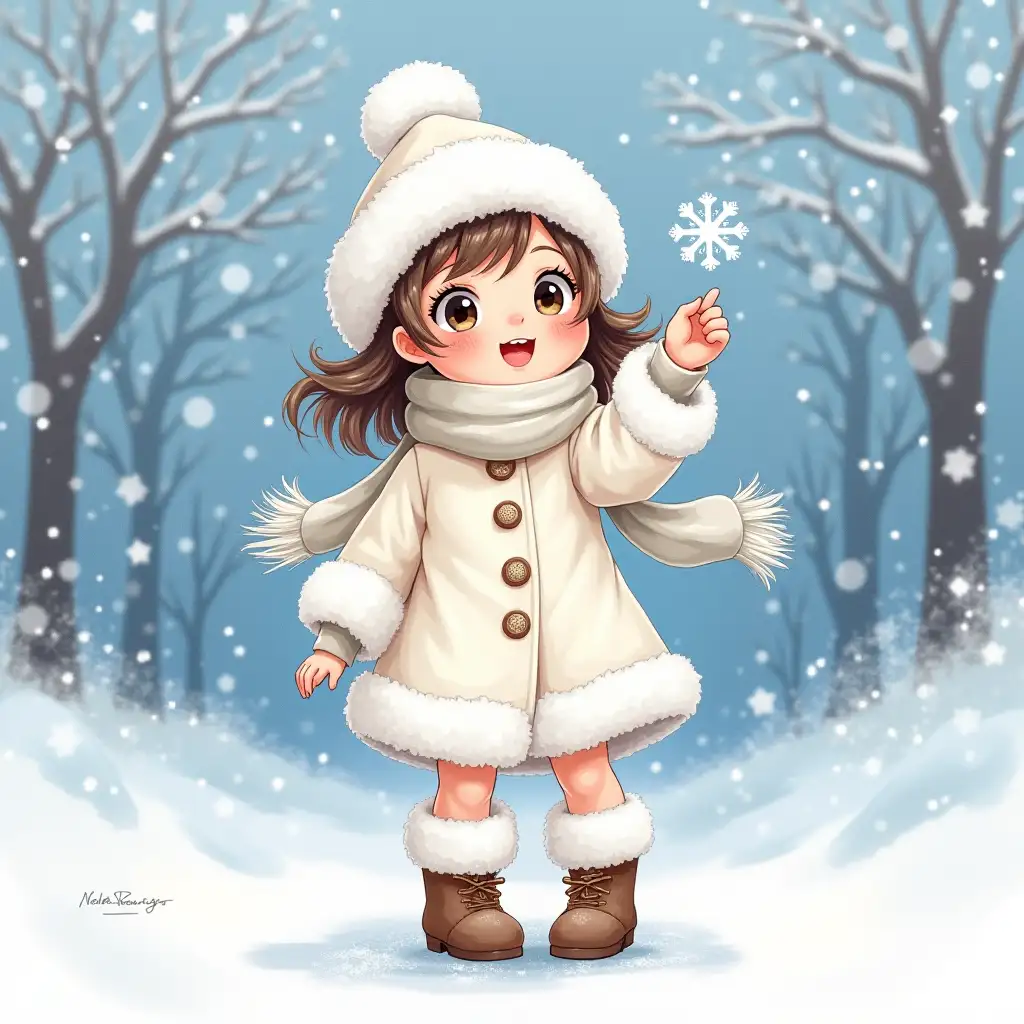 schoolgirl, pretty, little girl in a white coat, fur boots, scarf around her neck, in a white fur hat with expressive eyes, smiling, opening her mouth, trying to catch a snowflake, winter, snowflakes, beautiful festive, fairy tale, winter New Year's backdrop, glitter, doesn't go beyond the frame, watercolor