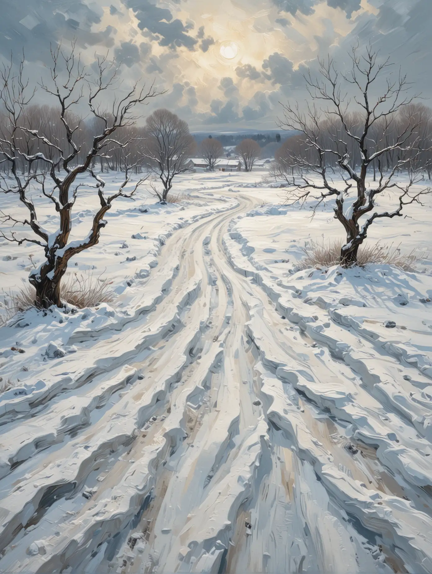 An expressive winter landscape painting in the style of Vincent van Gogh, inspired by 'The Landscape with Snow.' The scene showcases a vast, snow-covered field stretching into the distance, beneath a heavily clouded, overcast sky rendered with thick, swirling brushstrokes. A few barren trees stand to one side, their dark branches stark against the light background, while subtle winding paths are carved into the snow. The cool color palette features soft whites, icy blues, and gentle grays, emphasizing a peaceful, chilly atmosphere. The sky is dense with layered clouds, adding depth and movement, and the dynamic brushstrokes throughout evoke the serene stillness of a quiet winter day, giving the scene a vivid, museum-quality impression.