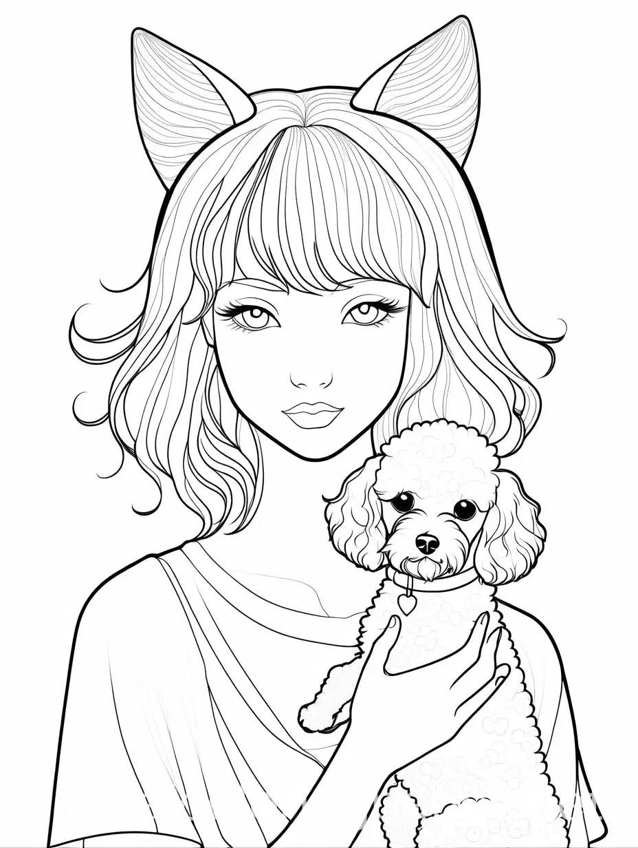 Cute-Girl-with-Cat-Ears-and-Mini-Poodle-in-Line-Art-Style