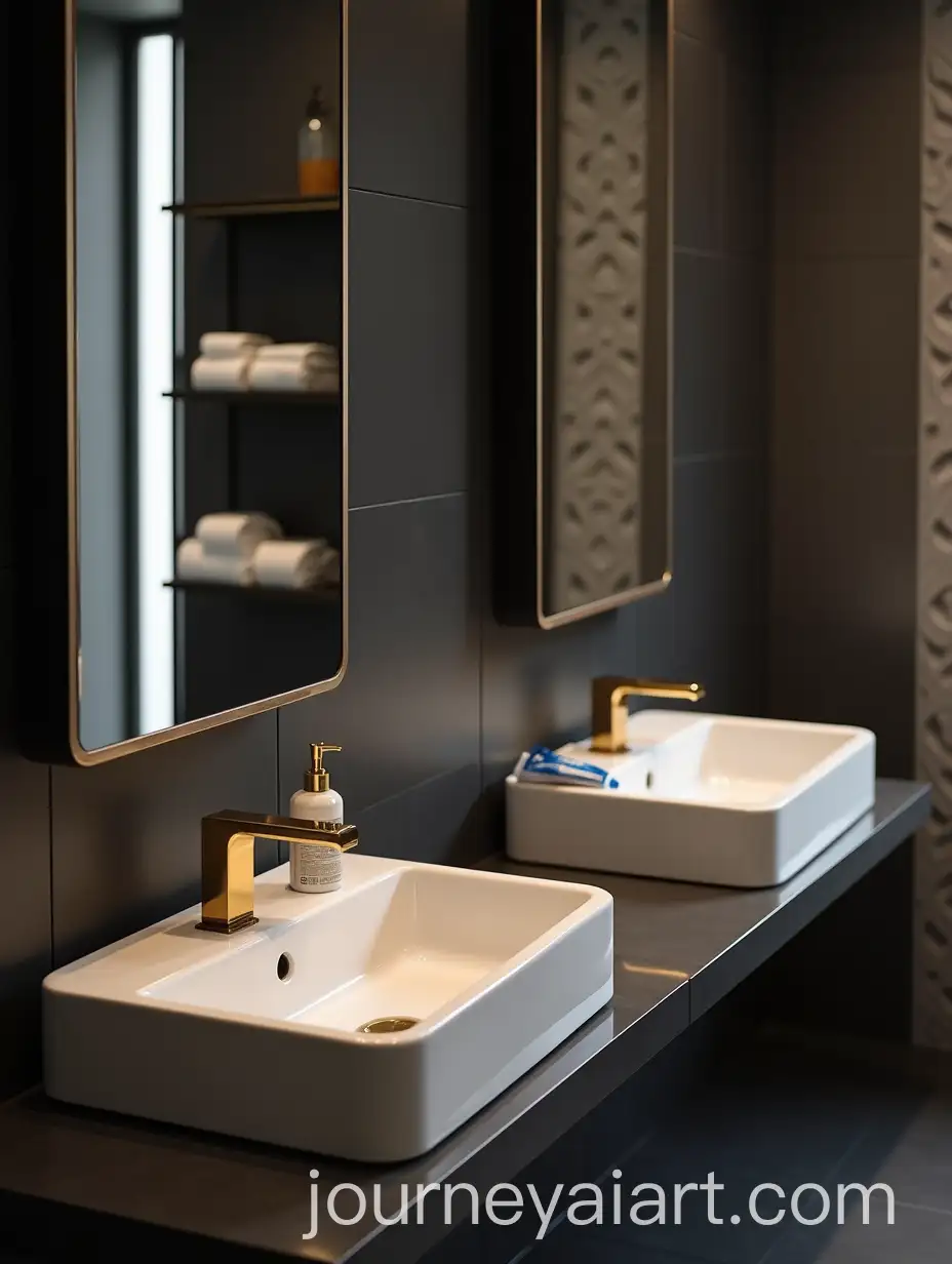 Modern-Bathroom-with-Stylish-Sinks-and-Golden-Faucet