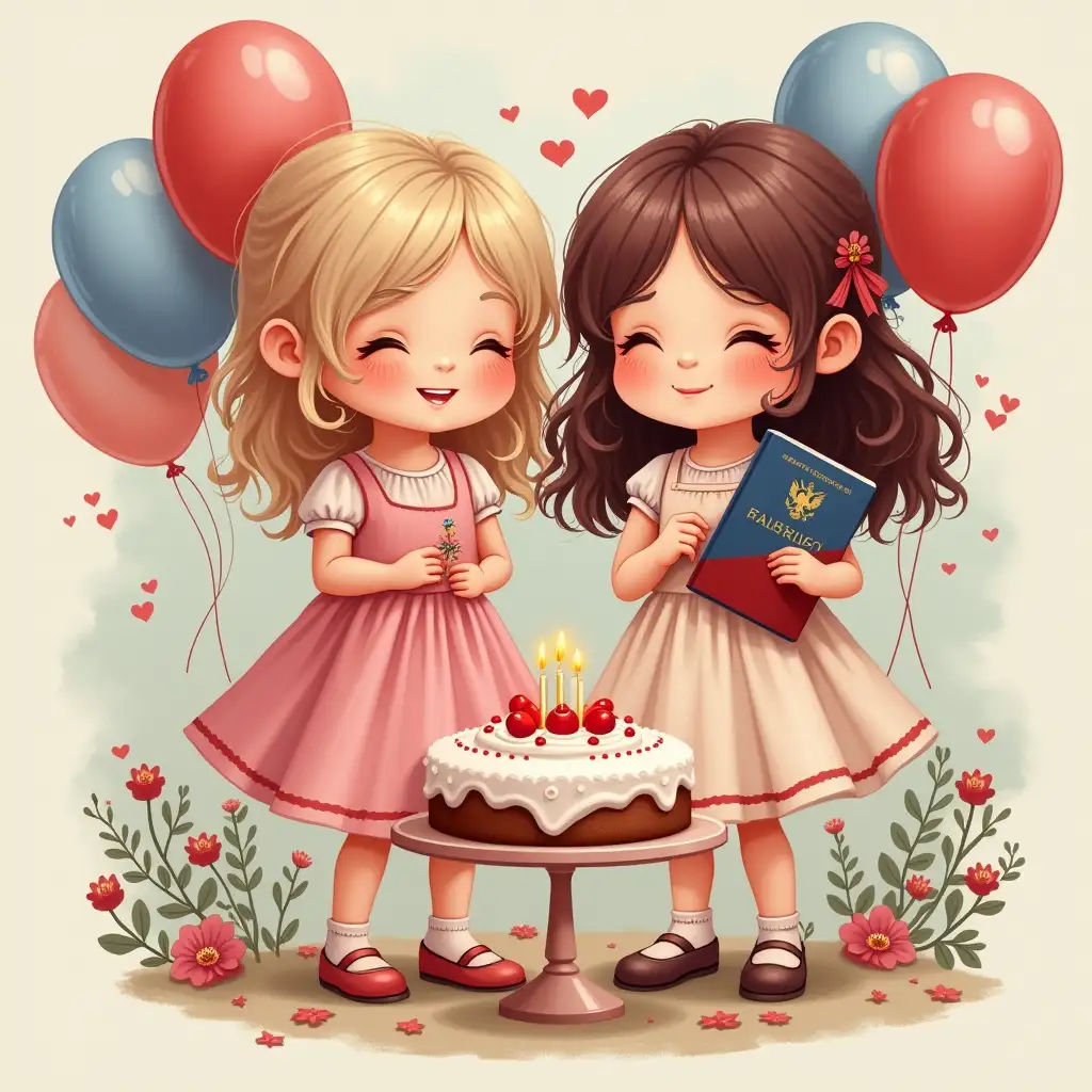 Congratulations in the form of a picture - for the birthday of two little girls twin sisters, one has light hair, the other has burgundy, in their hands they have a Russian passport, cake, balloons and flowers