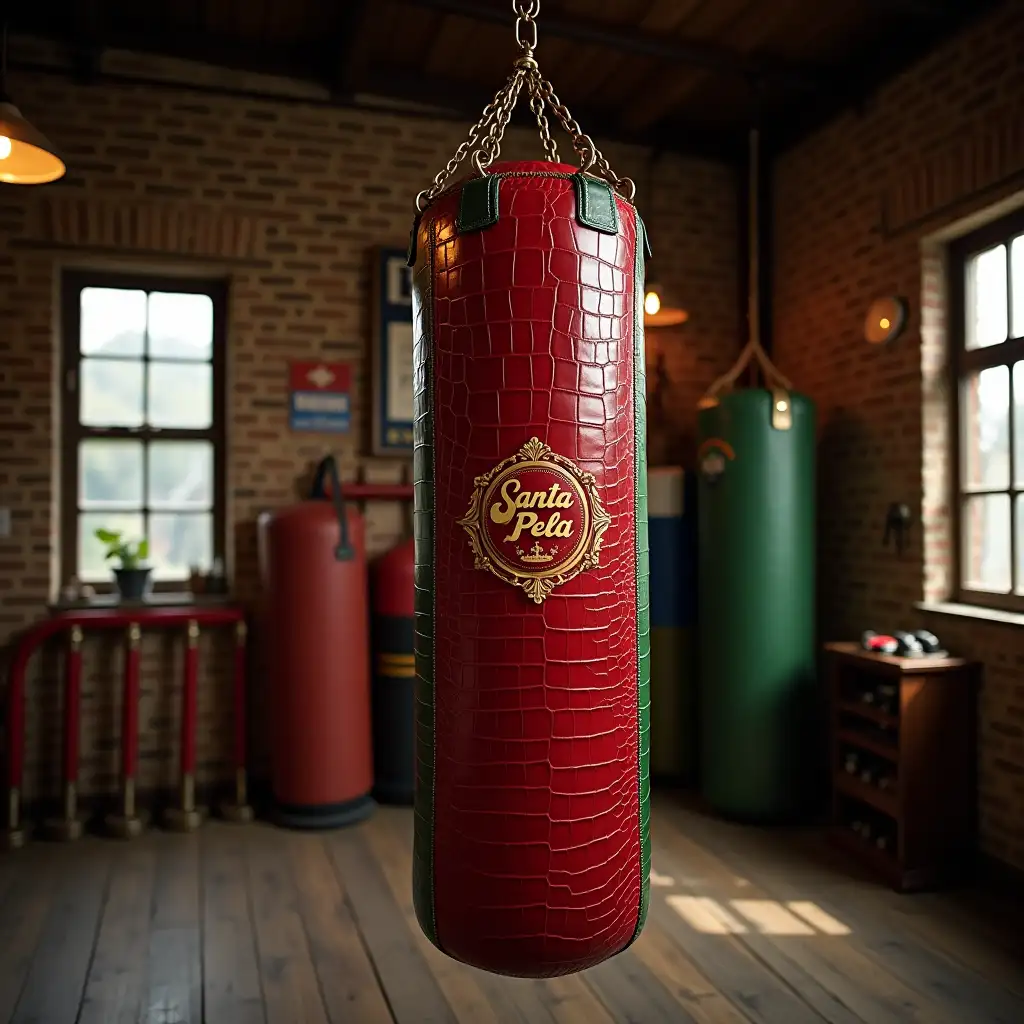 A red crocodile leather punching bag with bold green stitching, blending luxury and craftsmanship. The 'Santa Pelea' brand name is embossed in gold foil, adding sophistication. Hanging on bronze chains in a vintage boxing gym with brick walls, wooden floors, and retro memorabilia, it becomes the centerpiece. Industrial windows cast warm light, highlighting its elegance and appeal to high-end boxing enthusiasts