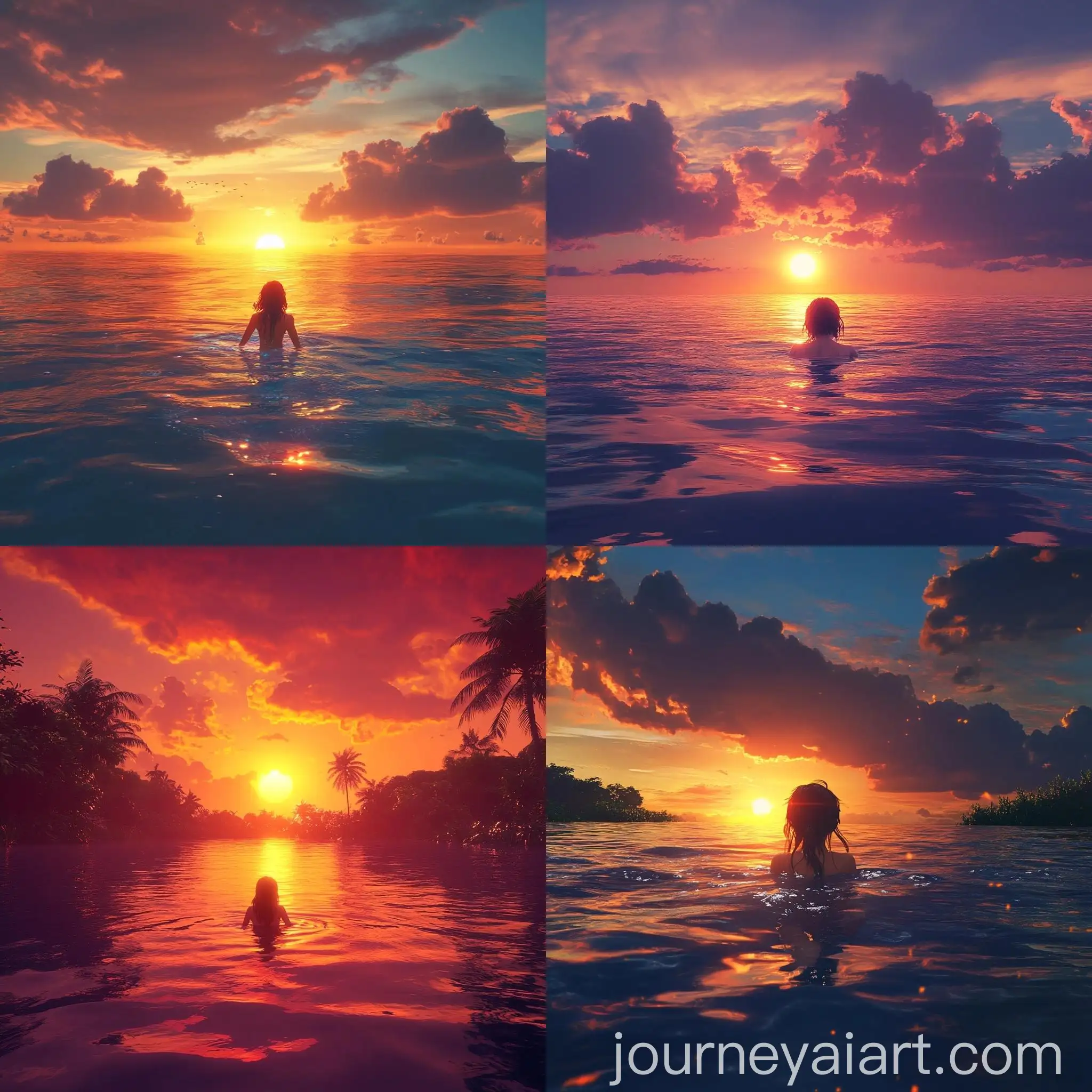 Beautiful-Girl-Swimming-at-Sunset-with-Moonlight-Reflections