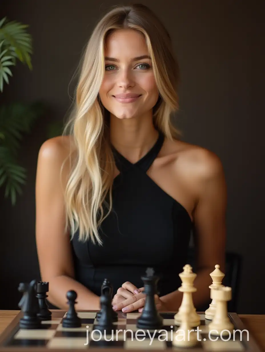 Blonde-Woman-in-Black-Dress-Playing-Chess-with-a-Smile