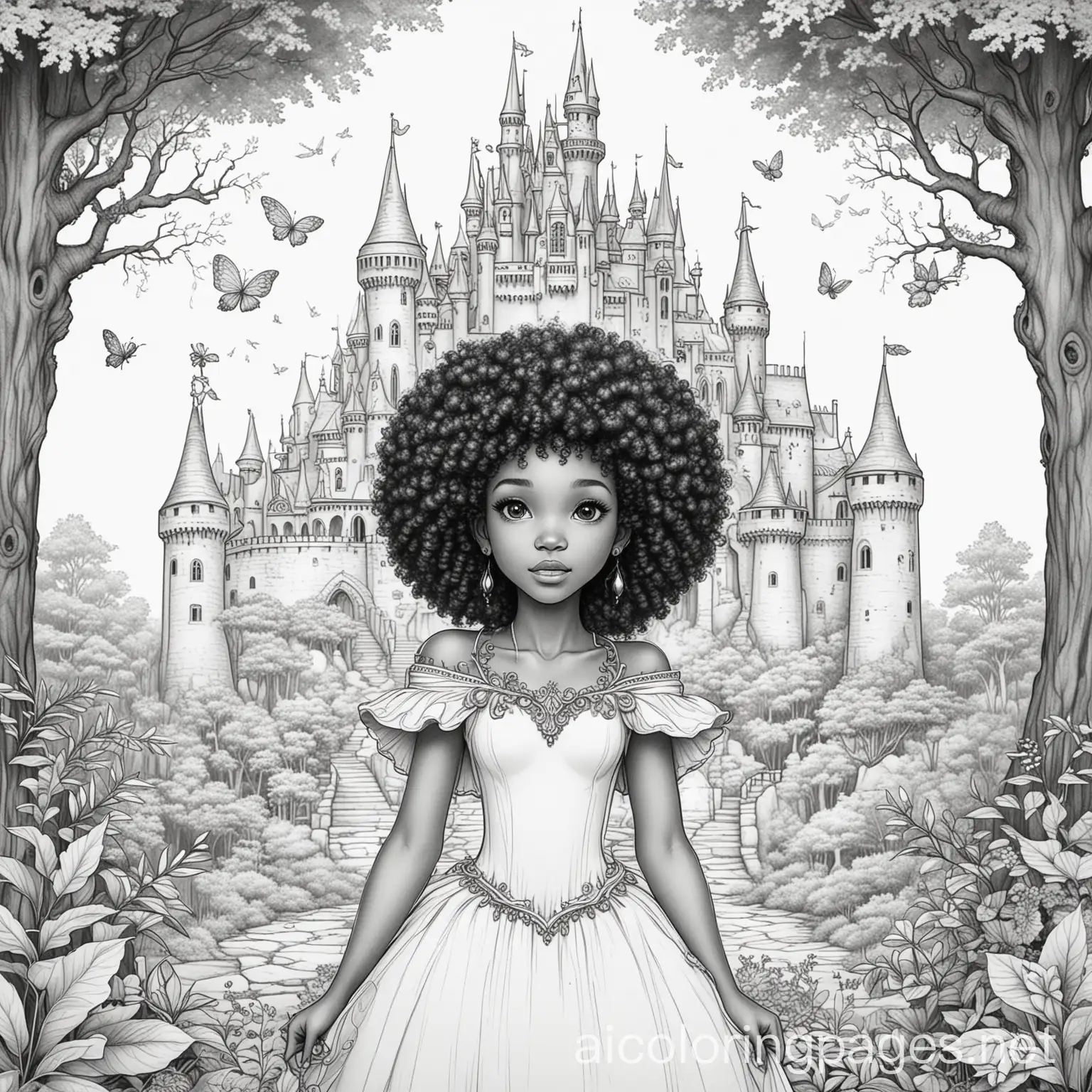 Melanated-Fairy-Princess-in-Enchanted-Forest-near-Castle-Coloring-Page