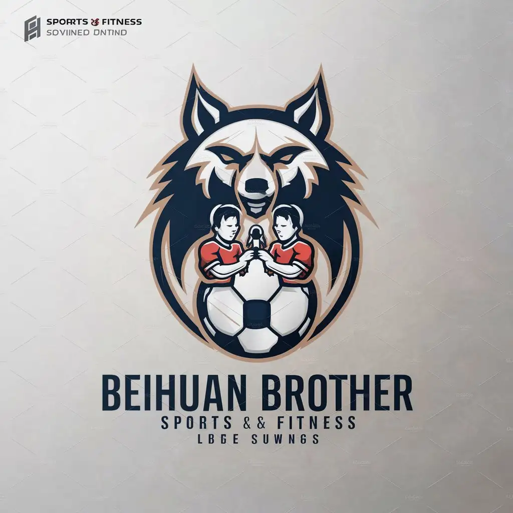 a logo design,with the text "Beihuan brother", main symbol:soccer, brothers, microphone, wolf head,Moderate,be used in Sports Fitness industry,clear background