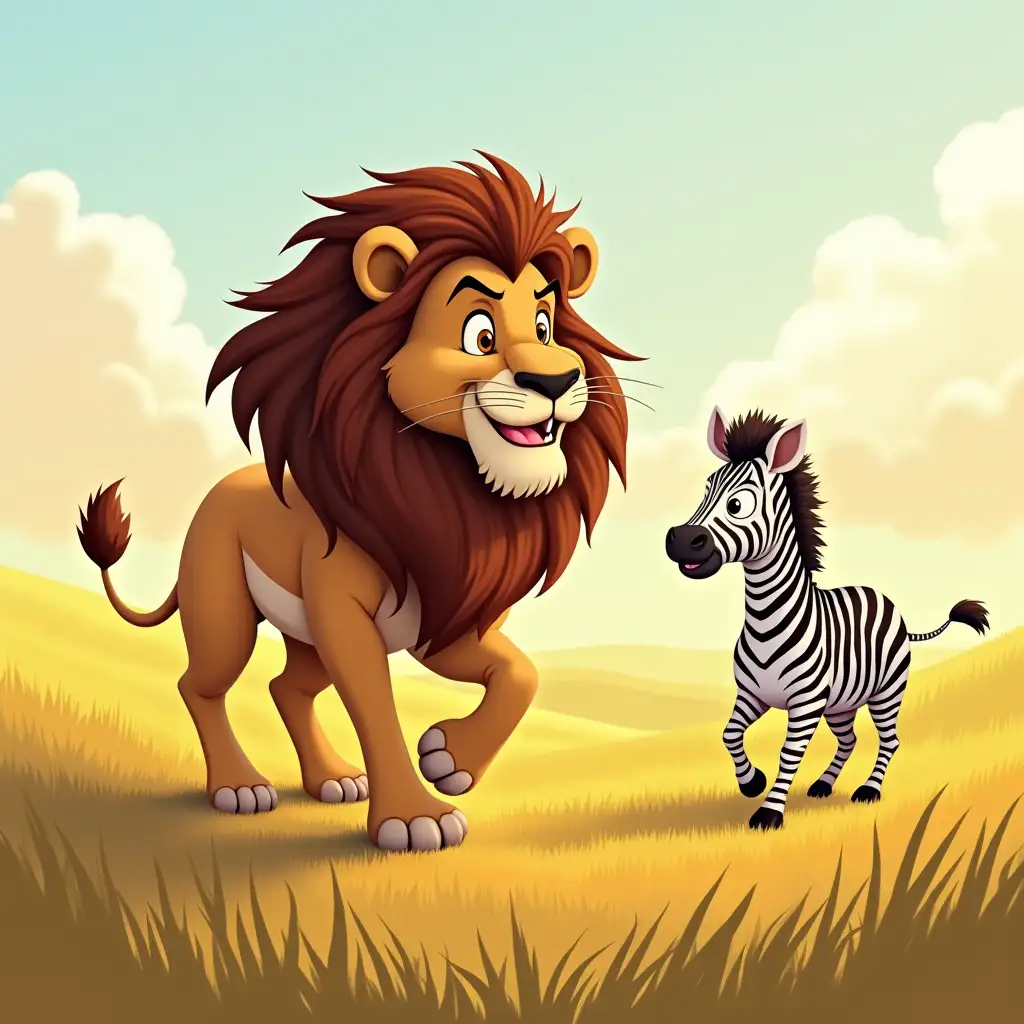 A majestic lion with a flowing mane stalks a zebra across a sun-drenched savannah. The lion’s eyes gleam with predatory intent, its muscles tense as it prepares to pounce. The zebra, unaware of the danger lurking behind it, grazes peacefully on the lush grass. The scene is a classic struggle for survival, filled with tension and suspense. The lion is depicted with realistic detail, while the zebra is rendered in a more cartoonish style, creating a playful contrast