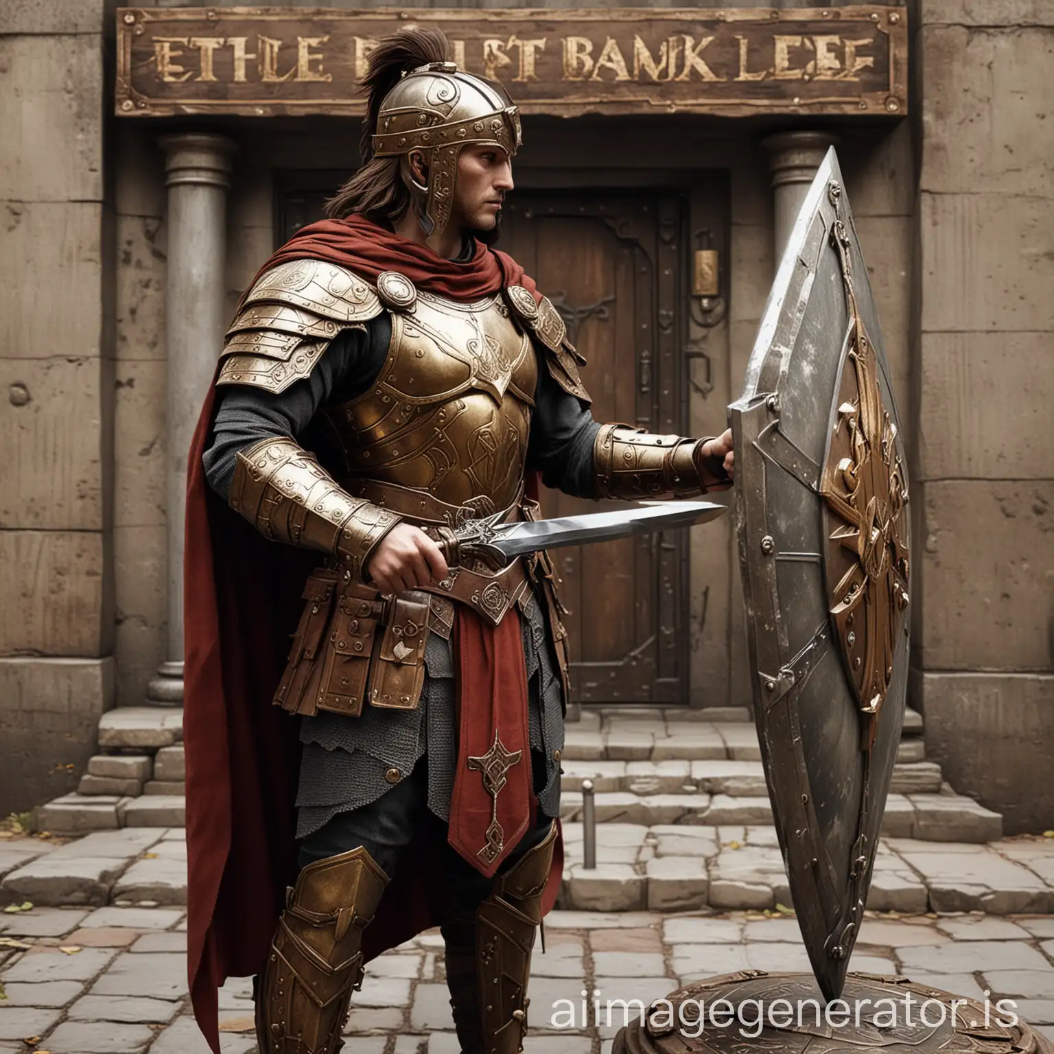 The ancient warrior buys various coins (ETH, BTC, SOL, ...) at the bank entrance and uses them to buy equipment called tokens (sword, shield, armor, ...) at the stand next to it.