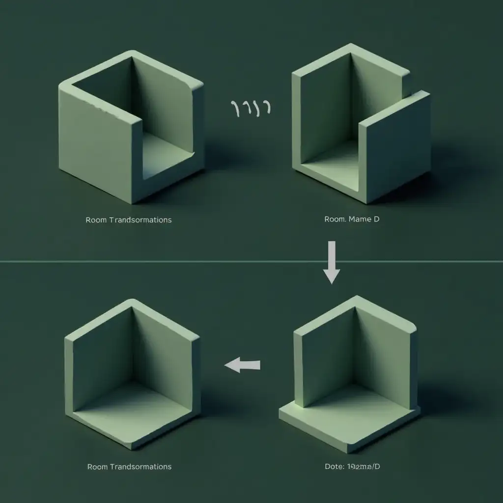 A visually engaging slide illustrating the core mechanics of a puzzle game about spatial memory and room transformations. The slide follows a minimalist and futuristic style, using dark green and grey tones. It is divided into three key sections, each representing a fundamental mechanic with abstract 3D visuals:nnRoom Transformations – A side-by-side comparison of a room changing shape from a square to a trapezoid, with dynamic arrows indicating the transformation. The walls should appear to stretch or contract, emphasizing spatial distortion.