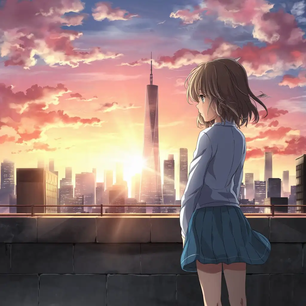 A heart-rending anime scene of a young girl standing on a rooftop or balcony, her gaze fixed on a majestic skyscraper in the distance. The sun is rising, casting a breathtaking display of warm orange and pink hues across the sky. The girl's expression is a mix of contemplation and wistfulness, reflecting her deep thoughts about lost love. The 16:9 format captures the grandeur of the skyline and the emotional intensity of the moment, creating a powerful and evocative image.