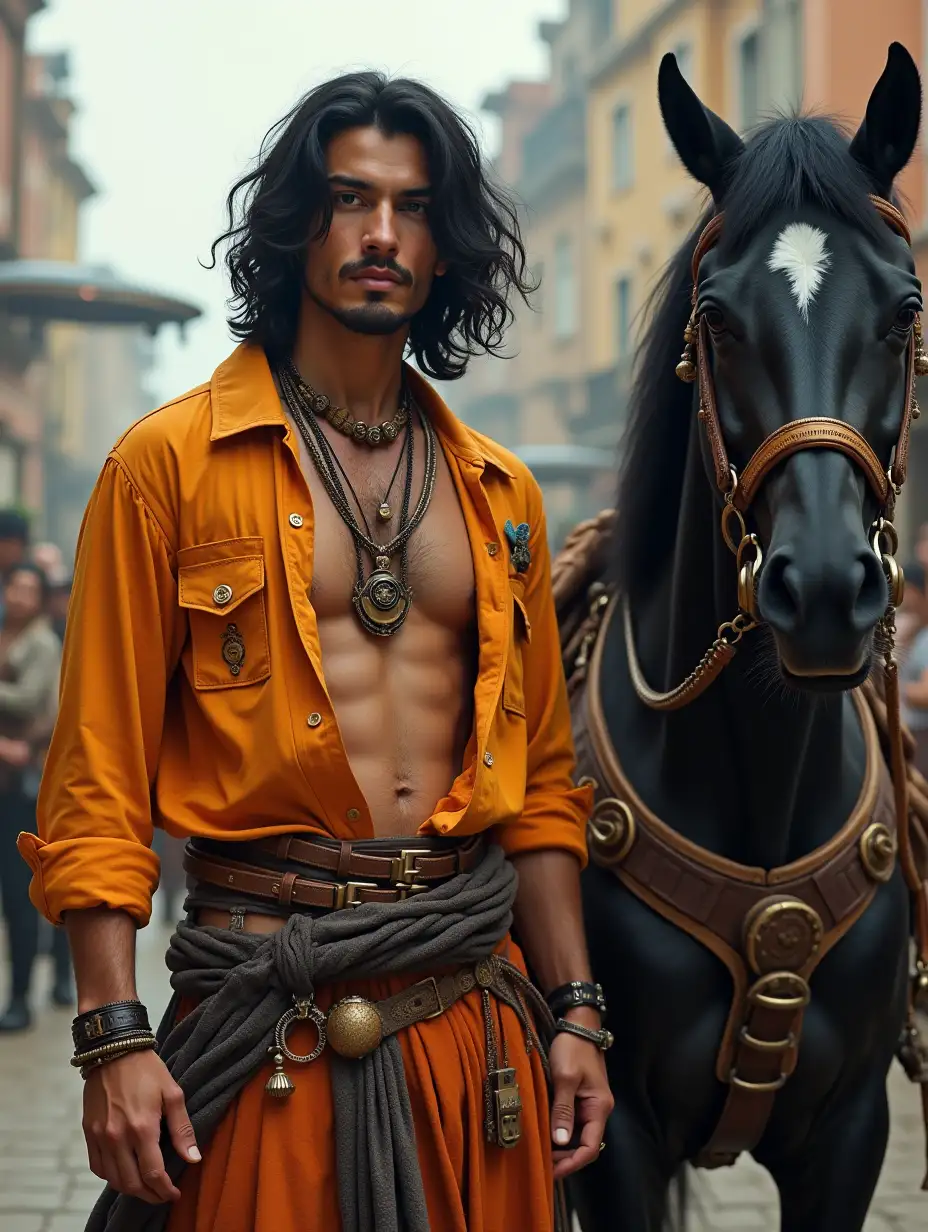 Handsome gypsy man, black hair, black eyes, bright unbuttoned shirt, belted, sharawars with belts, steampunk jewelry, boho style, steampunk outfit, next to him a large black-maned horse in harness, against the background of the old steampunk-style city with flying machines, hyperdetalization.