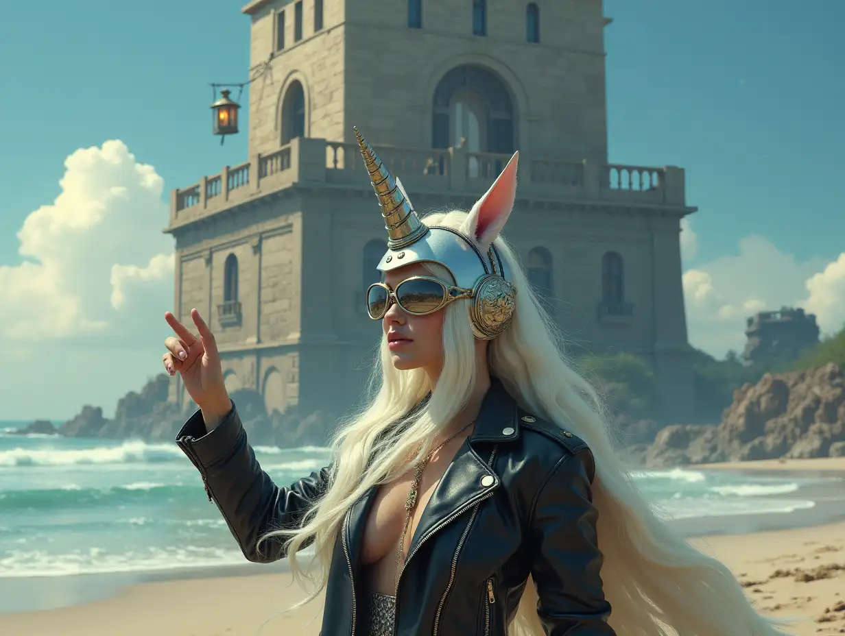 Female half-elf transforms into a tall building with a terrace with lantern and hanging swing on the beach with big waves and clouds in a leather jacket, with raised silver hand and unicorn helmet with integrated mirror glasses