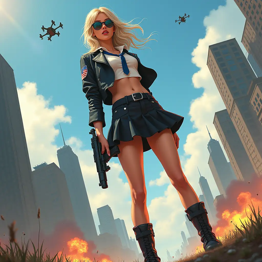 Wide-angle digital painting, (Beautiful woman in stylish school uniform, midriff showing, short skirt, combat boots, and targeting system glasses : 1.3), Triangular composition, Dynamic full-length pose, Confident expression, (Armed mercenary: 1.3), Gun grip, Supporting pose, City background, Skyscrapers in the distance, nuclear explosion in extreme distance, two small targeting drones above, (Bright sunlight: 1.2), Sharp contrasts, Bold colors, Clear details. female mercenary in cool cyberpunk style in colorful fantasy style, realism, post-apocalyptic landscape, cartel, bald rod, oil painting, rod Nostalgia, strong emotions, low angle, high detail, sharp focus