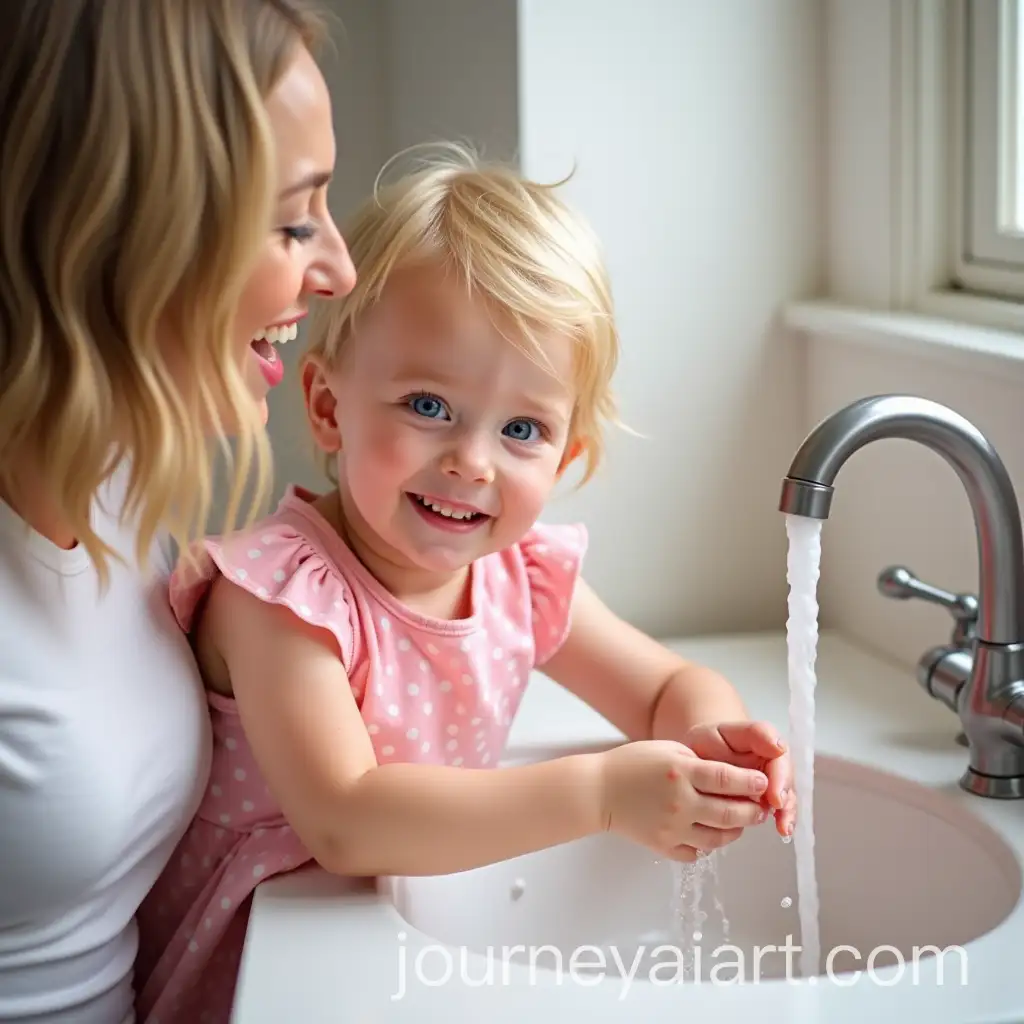 Toddler-Washing-Hands-with-Mom-Watching-Pink-Dress-and-Soap-Bubbles