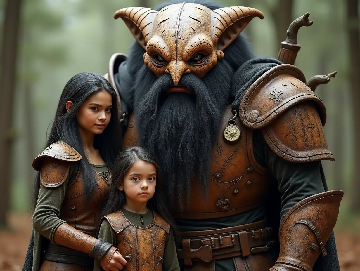 Ki-Fantasy family,Man,Woman, and Children, giant alien face with beard and with wooden armor equipment