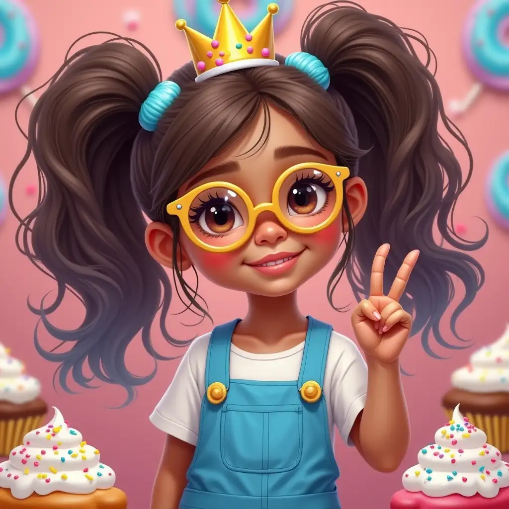 girl age 7, realistic hispanic girl, long brown wavy pigtails are pastel rainbow dyed at the ends, sweets candy, blue swirl lollipops and cupcakes in the background, icing dripping from in the background, white and pink and sprinkles, wearing a candy crown, yellow glasses, hand in a peace sign, wearing blue jumpsuit with white undershirt