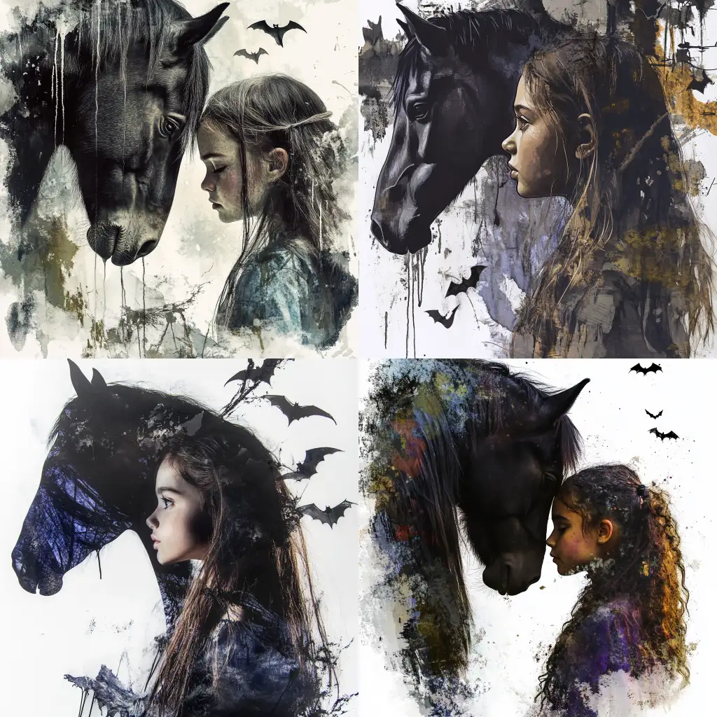 Double-Exposure-of-a-Young-Girl-and-Her-Pony-with-Eerie-Ink-Splash-Art