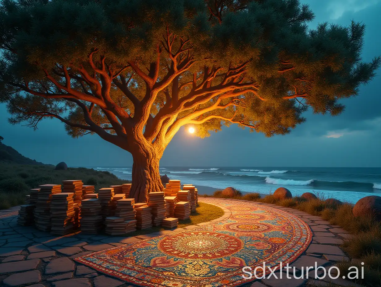 Glowing-Tree-with-Books-and-Mandala-Mosaic-by-the-Seashore