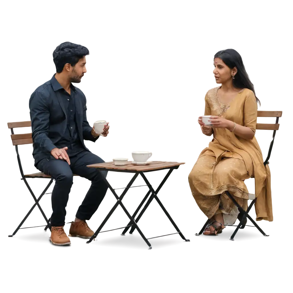 A Indian men and a women are sitting at a table and drinking tea