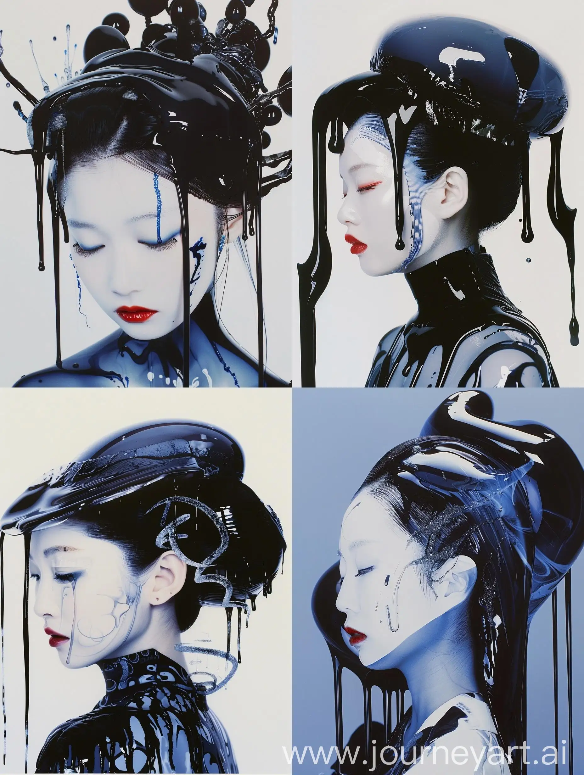 Photorealistic-Portrait-of-a-Geisha-with-Dripping-Black-Iridescent-Liquid