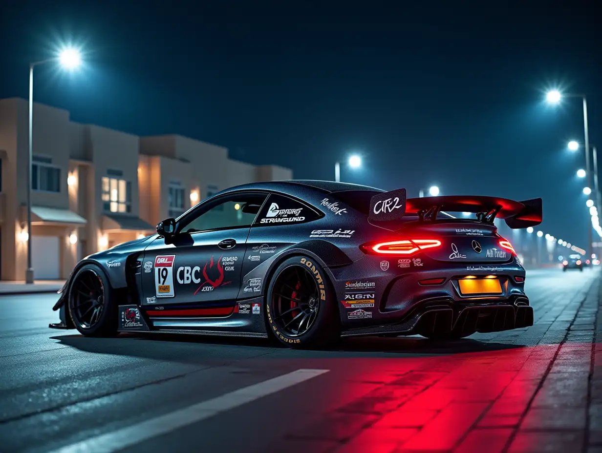 An ultra-realistic image of the customized 2024 Mercedes-AMG C 63 S E Performance F1 Edition, the only single-door coupe in the world, showcased as a drifting masterpiece on a suburban street in Riyadh, Saudi Arabia. At night, vibrant sponsor stickers from top drifting and automotive brands. Its aggressive design is highlighted by a widebody kit, carbon fiber accents, a large rear spoiler, and premium alloy wheels from leading manufacturers, fitted with high-performance drifting tires. the car’s sharp angles, detailed stickers, glowing brake calipers, its unique modifications and readiness for high-performance action. Style: photorealistic, and cinematic lighting.