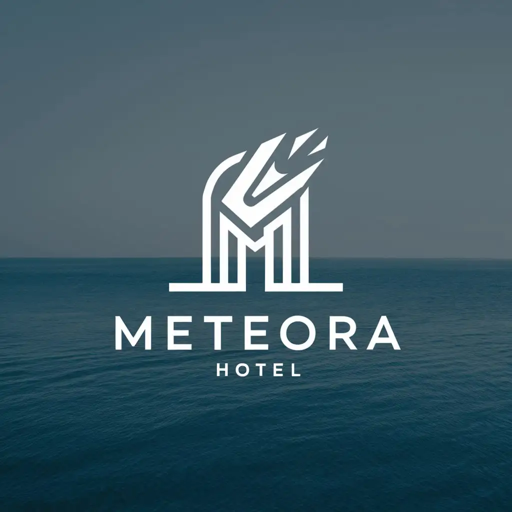 a logo design,with the text "Meteora", main symbol:hotel, sea, tourism,Minimalistic,be used in Travel industry,clear background