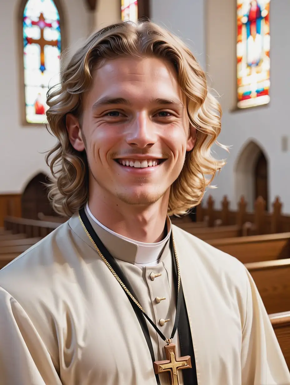 Male, early 20s, wavy blond hair, priest clothes, in church, smiling