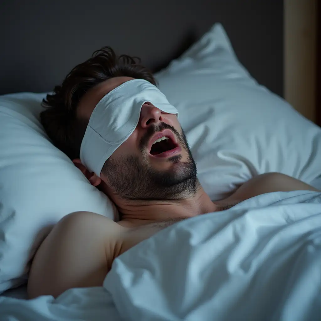 Man-Sleeping-in-Bed-with-Eyes-Covered-and-Snoring-Needing-a-Shave