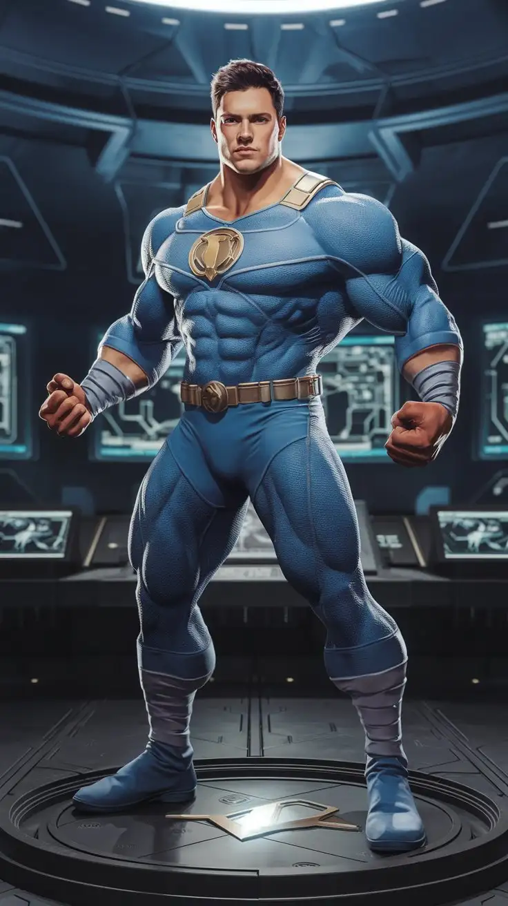 In a secret futuristic bunker. Supercharged brawn. Herculean powers. 24-year-old superhero stands on a dais. Warrior of virtue. Hero of power. Man of destiny. Gazing reverently as he realizes his superpowers. Photorealistic.