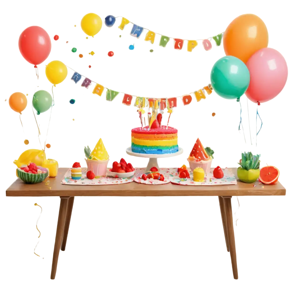 Colorful-and-Cheerful-Birthday-Table-Setup-PNG-for-Kids-Celebrations-Vibrant-Fruits-Cake-Balloons-and-Fun-Details