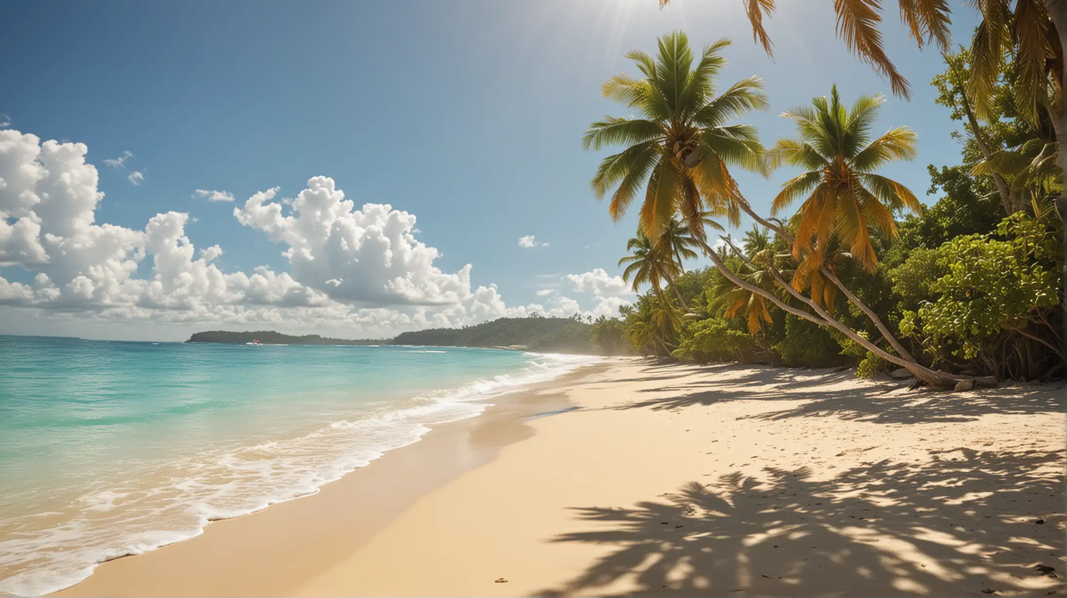 Sunny Tropical Beach with Palm Trees and Crystal Blue Waters