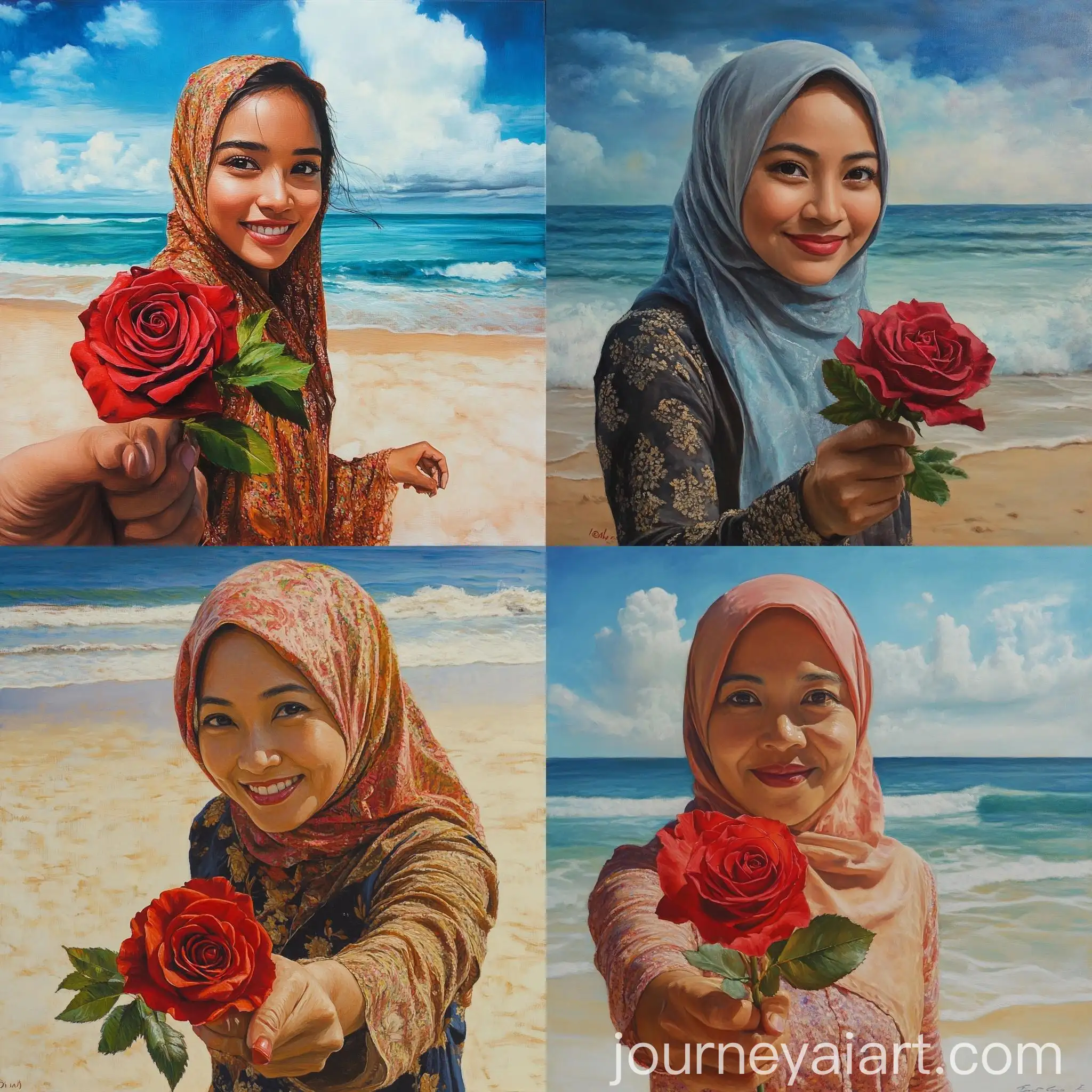 Malay-Woman-Holding-Red-Rose-at-Beach-Realistic-Oil-Painting