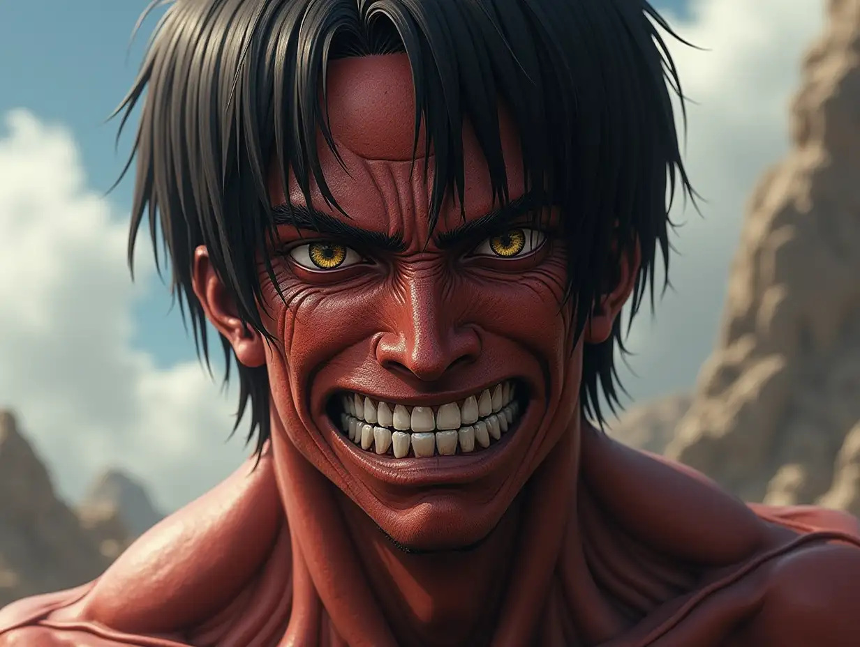 Ultradetailed hyperrealistic photo-realistic portrait of a 10 meter tall titan from Attack on Titan, Eren Jaeger-titan focusing on texture, surface and lighting to create depth, dimension and a photo-realistic look.