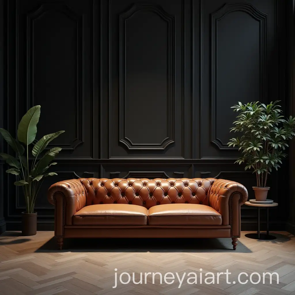 Modern-Living-Room-with-Black-Decor-and-Brown-Leather-Sofa