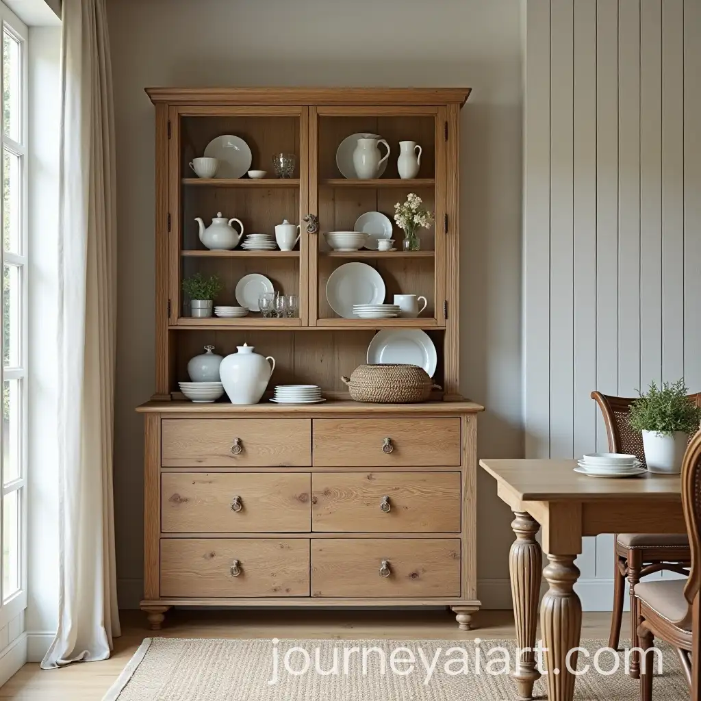 Elegant-Rustic-Dining-Room-with-Natural-Wooden-Console-and-Glazed-Display-Case