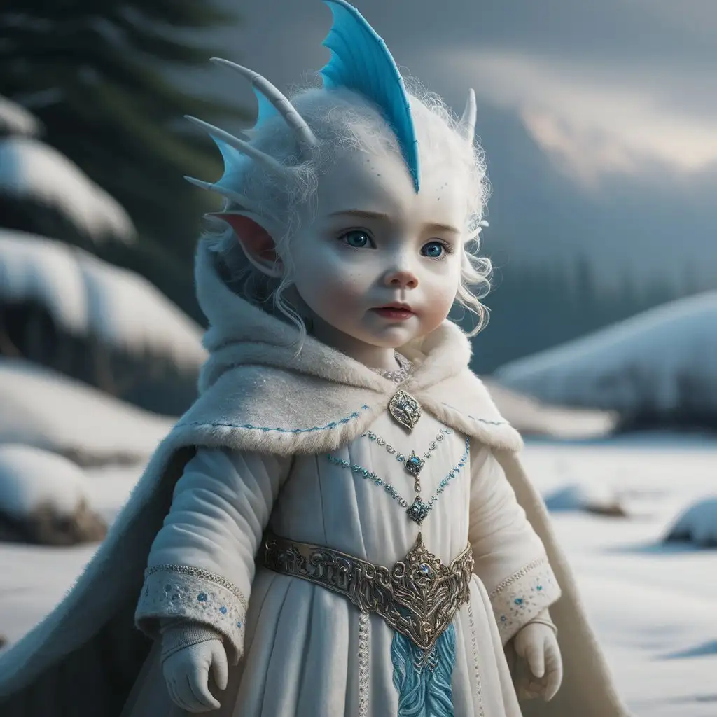 Young Dragonborn Child in White and Blue Dress with Head Fin